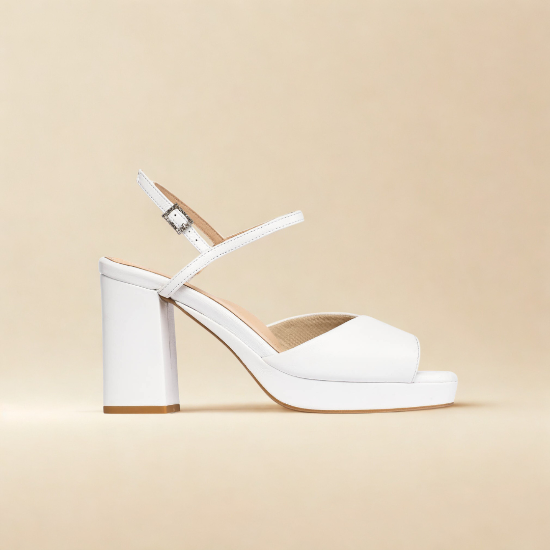 Margot - White Leather Block Heels