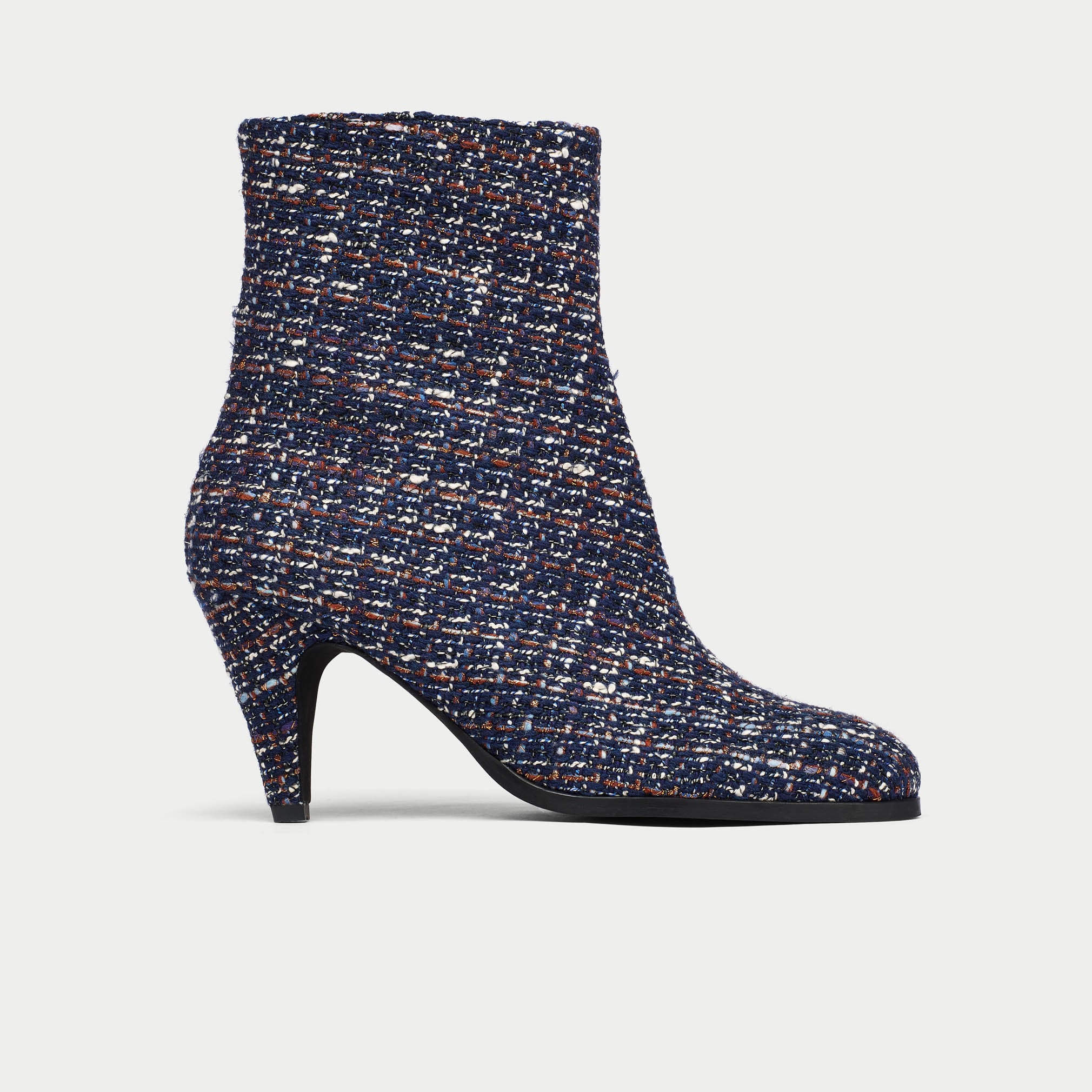 Maya Navy blue tweed ankle boot on a light gray background