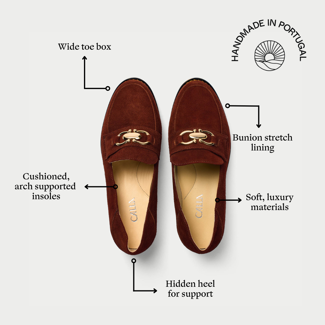 Brown loafers with features highlighted on a white background
