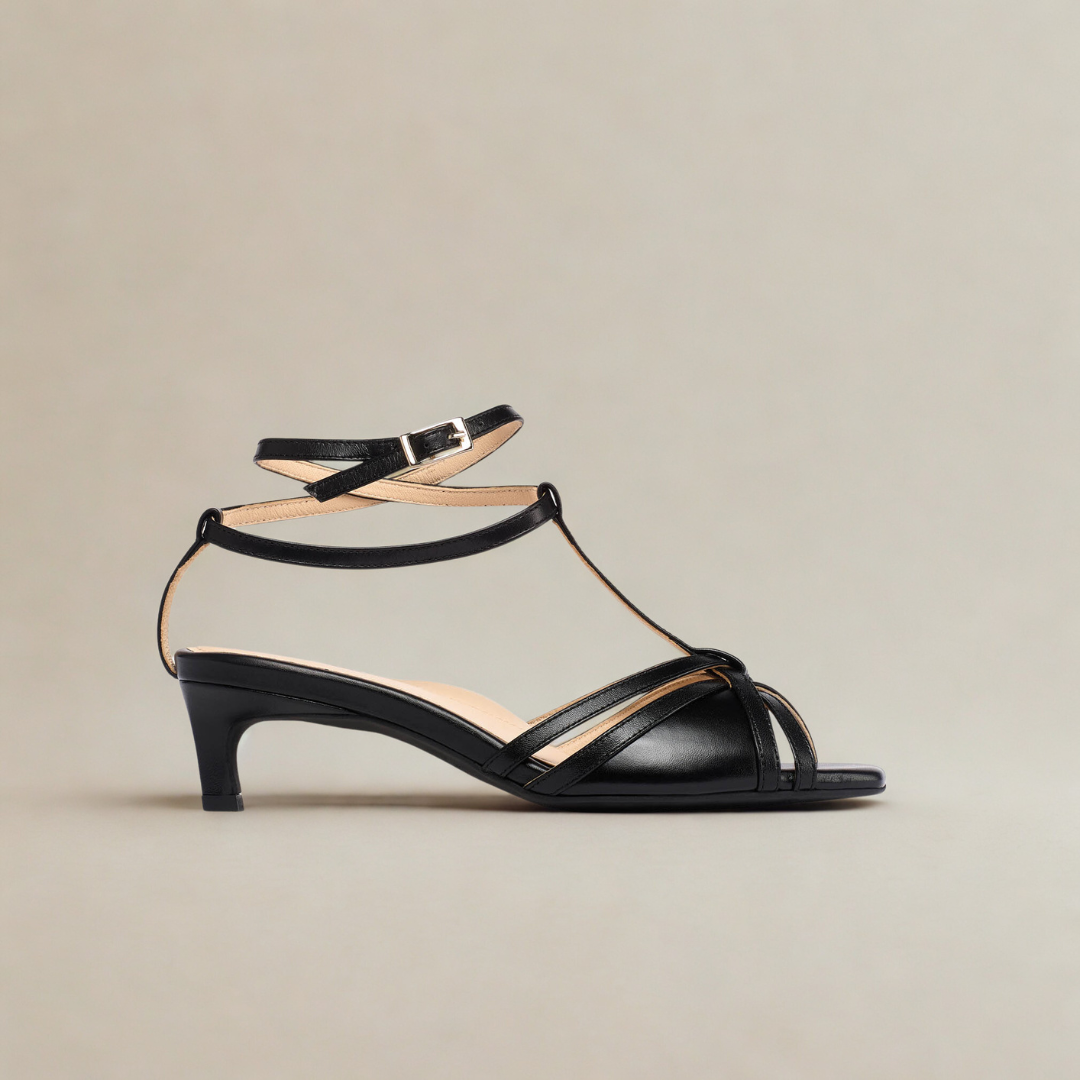 Ria - Black Leather Kitten Heels