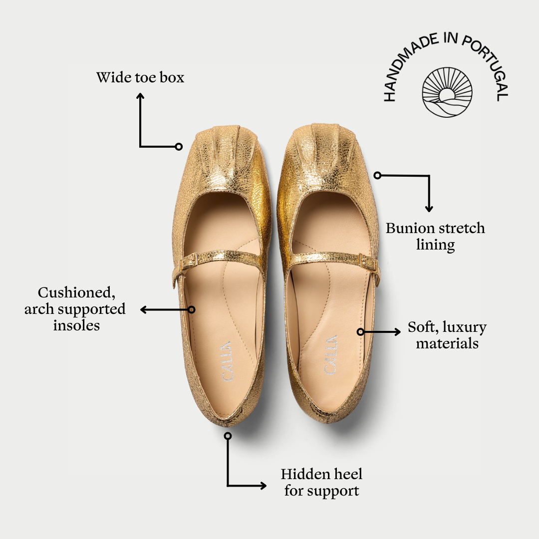 Gold flats with labeled features on a white background