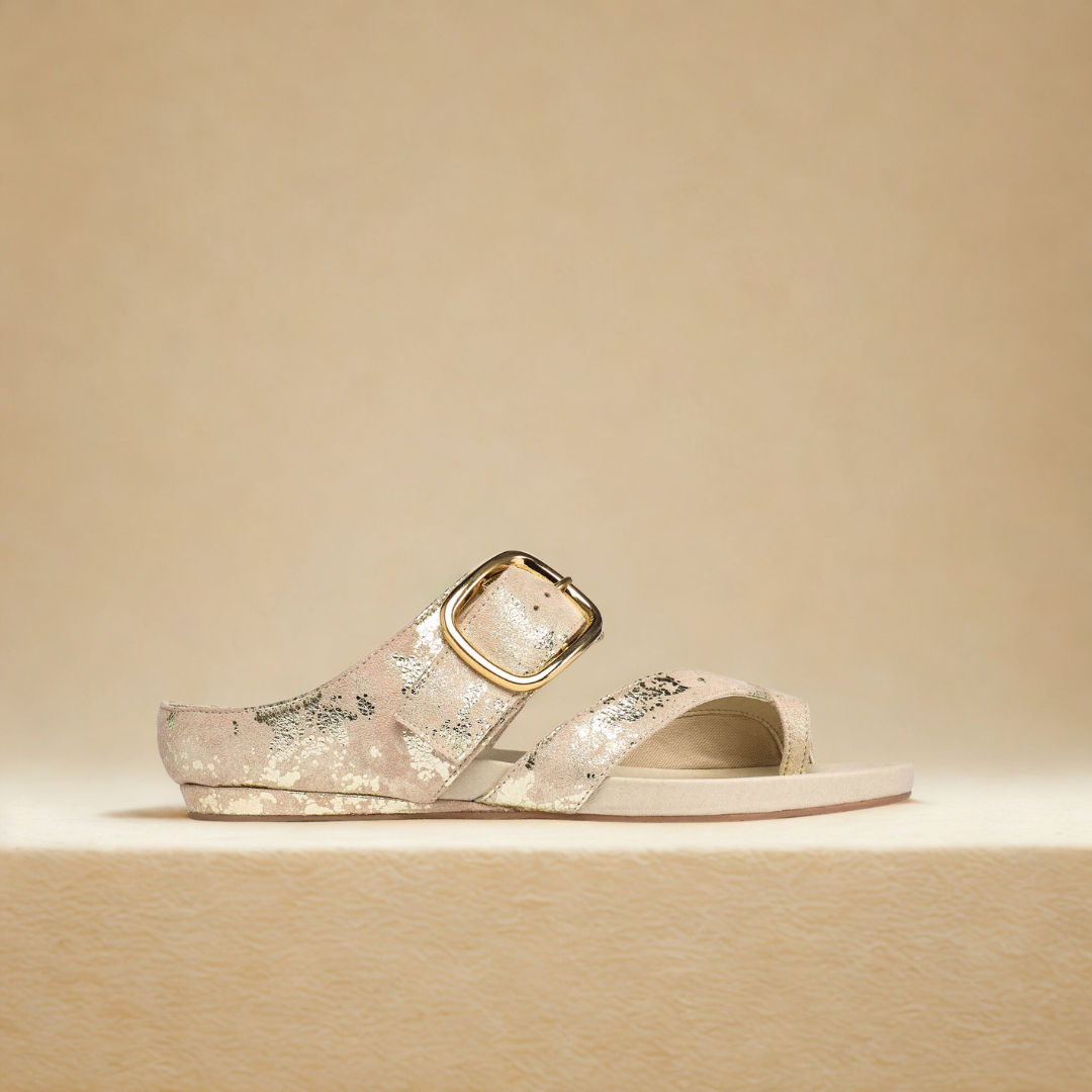 Silver sandal with a gold buckle on a beige background