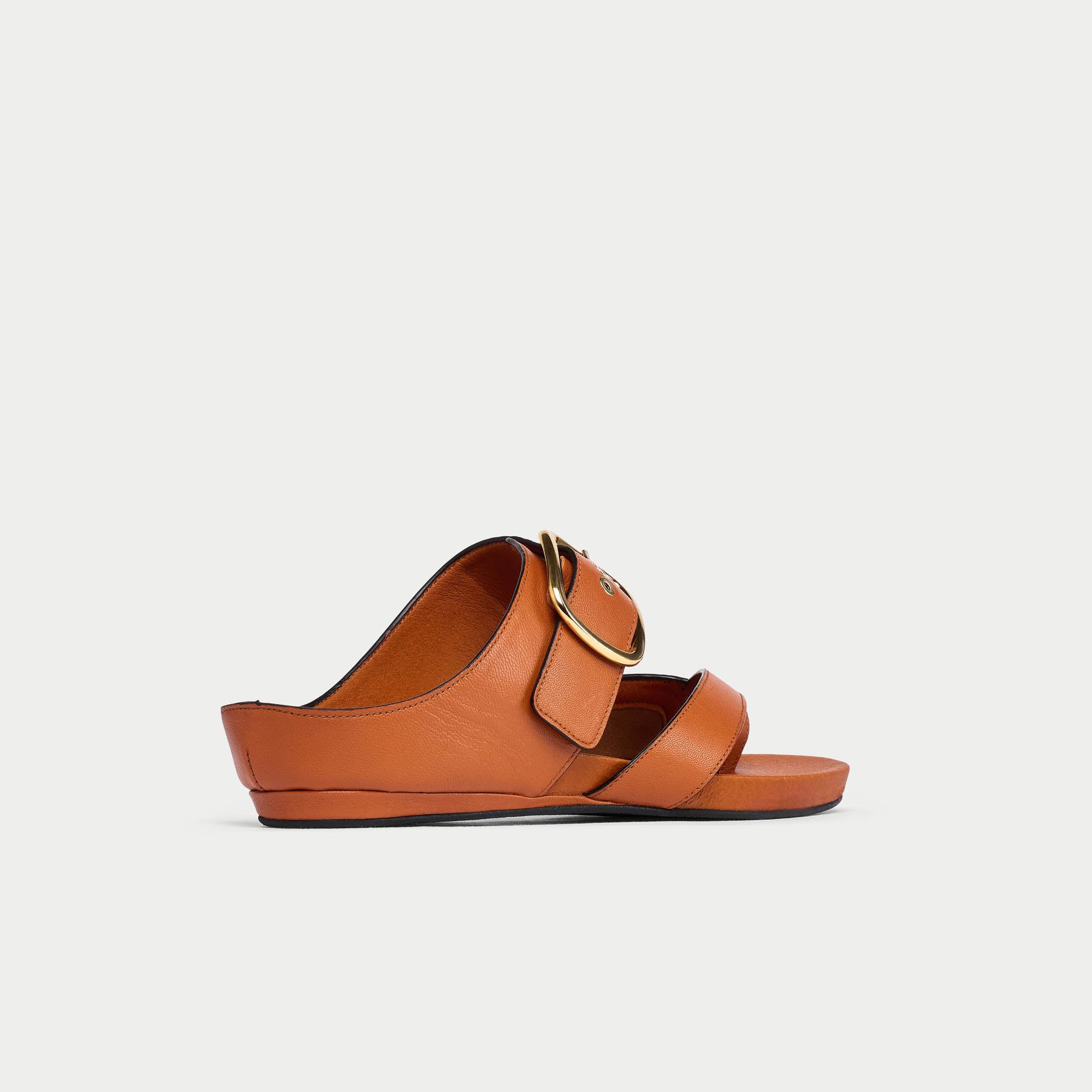 Brown sandal with a gold buckle on a light gray background