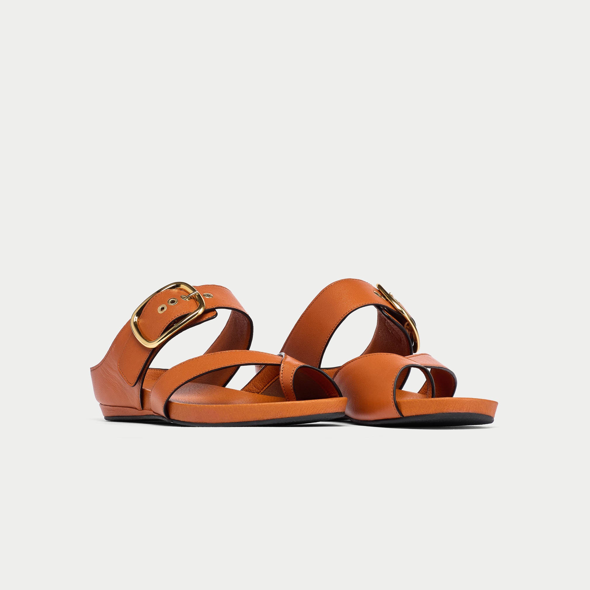 Pair of brown sandals with gold buckles on a light gray background