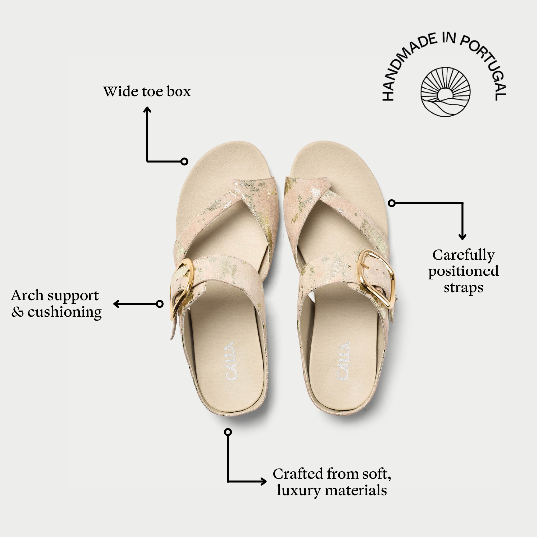 Pair of beige sandals with features highlighted on a white background