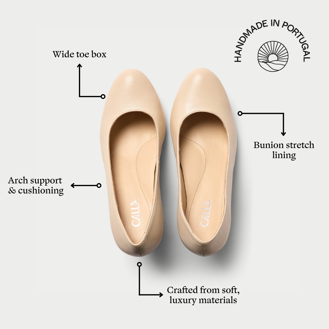 Pair of beige shoes with features highlighted on a light gray background