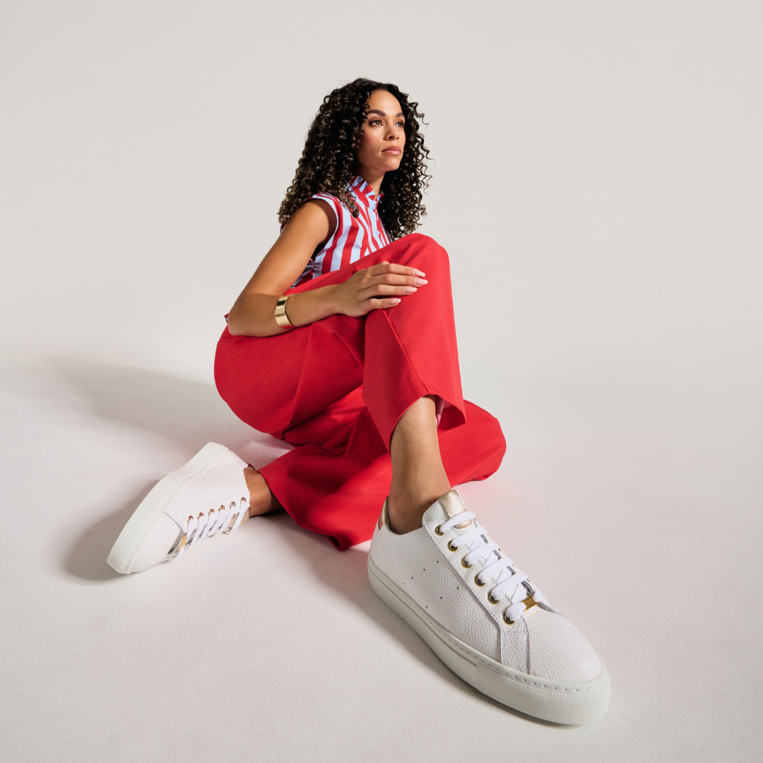 Star - Grain White Leather & Champagne Wide Fit Sneakers