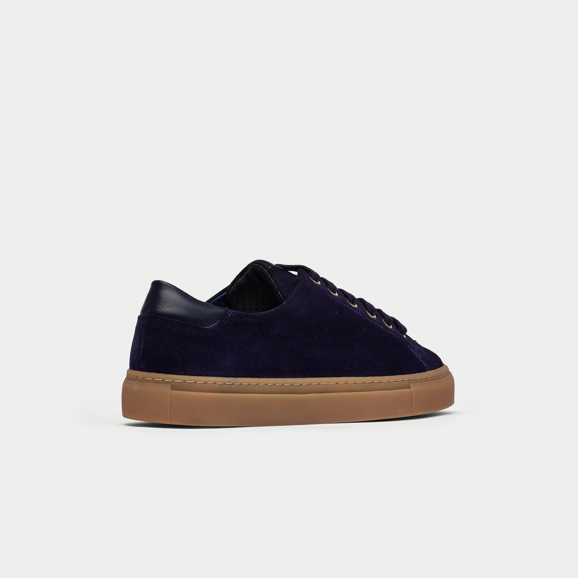 back view of navy suede sneakers