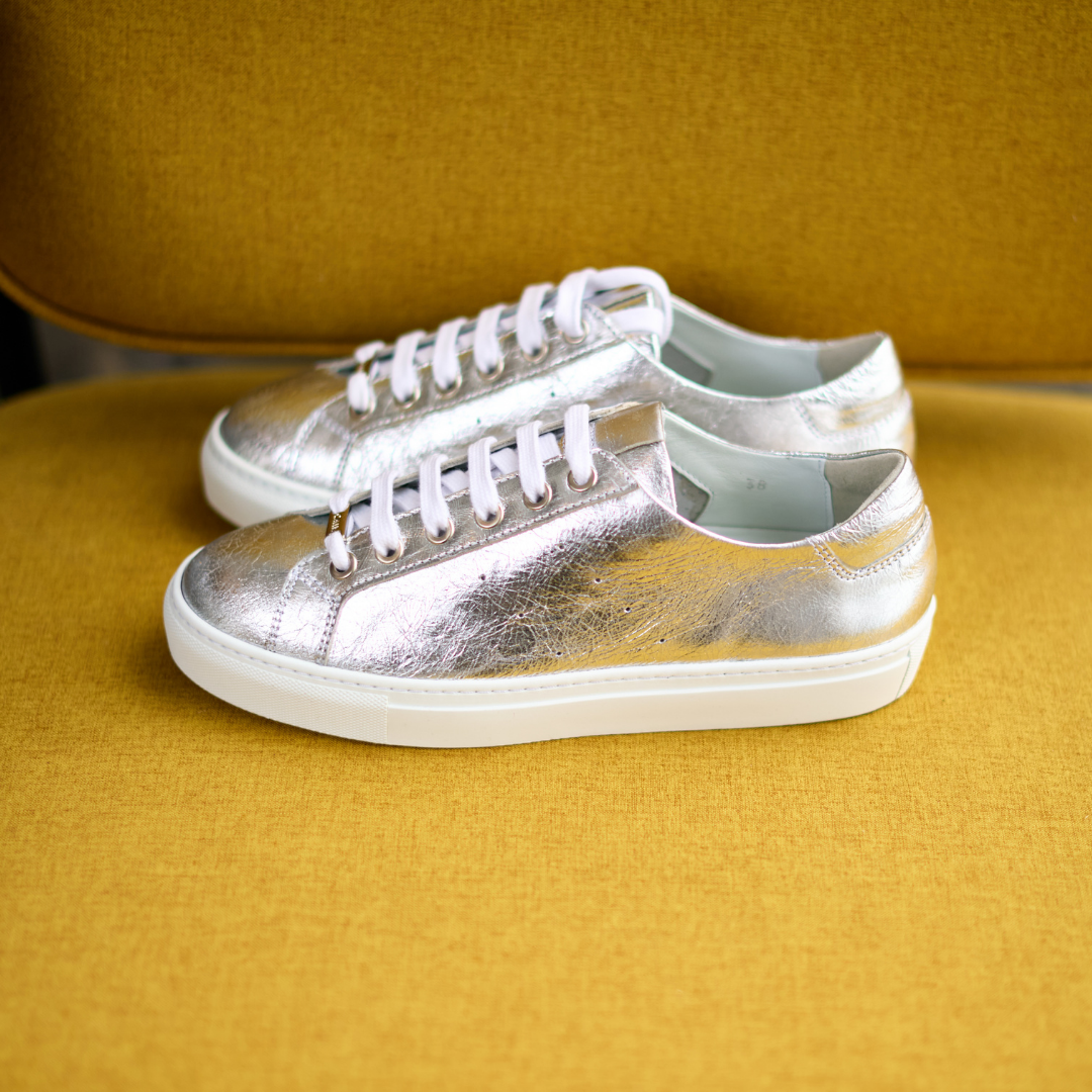 Star - Silver High Shine Metallic Leather Wide Fit Sneakers