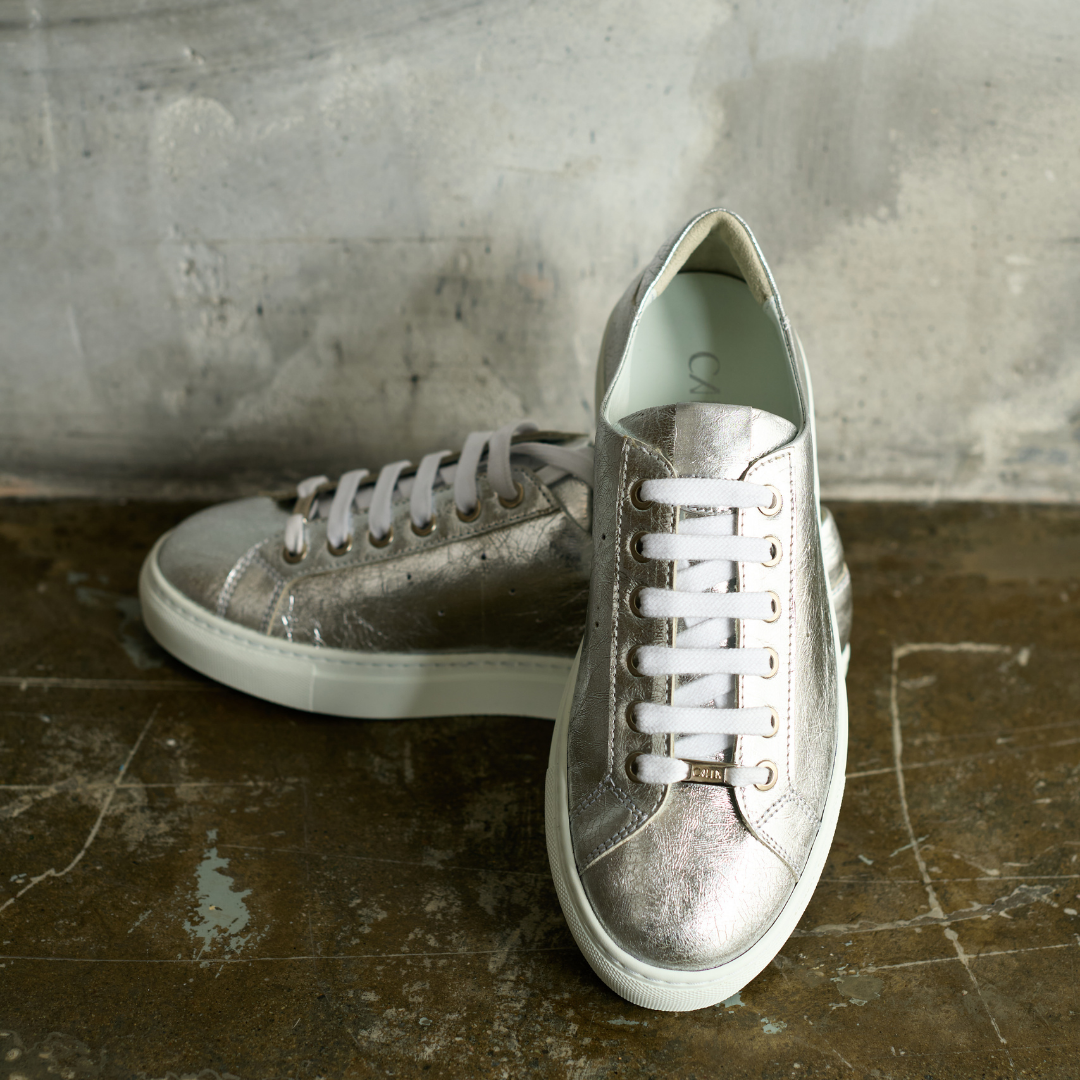 Star - Silver High Shine Metallic Leather Wide Fit Sneakers