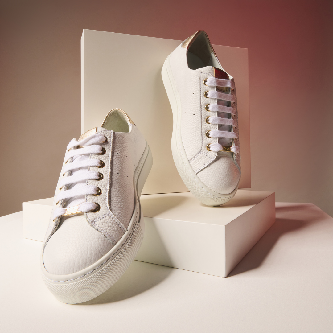 Star - Grain White Leather & Champagne Wide Fit Sneakers