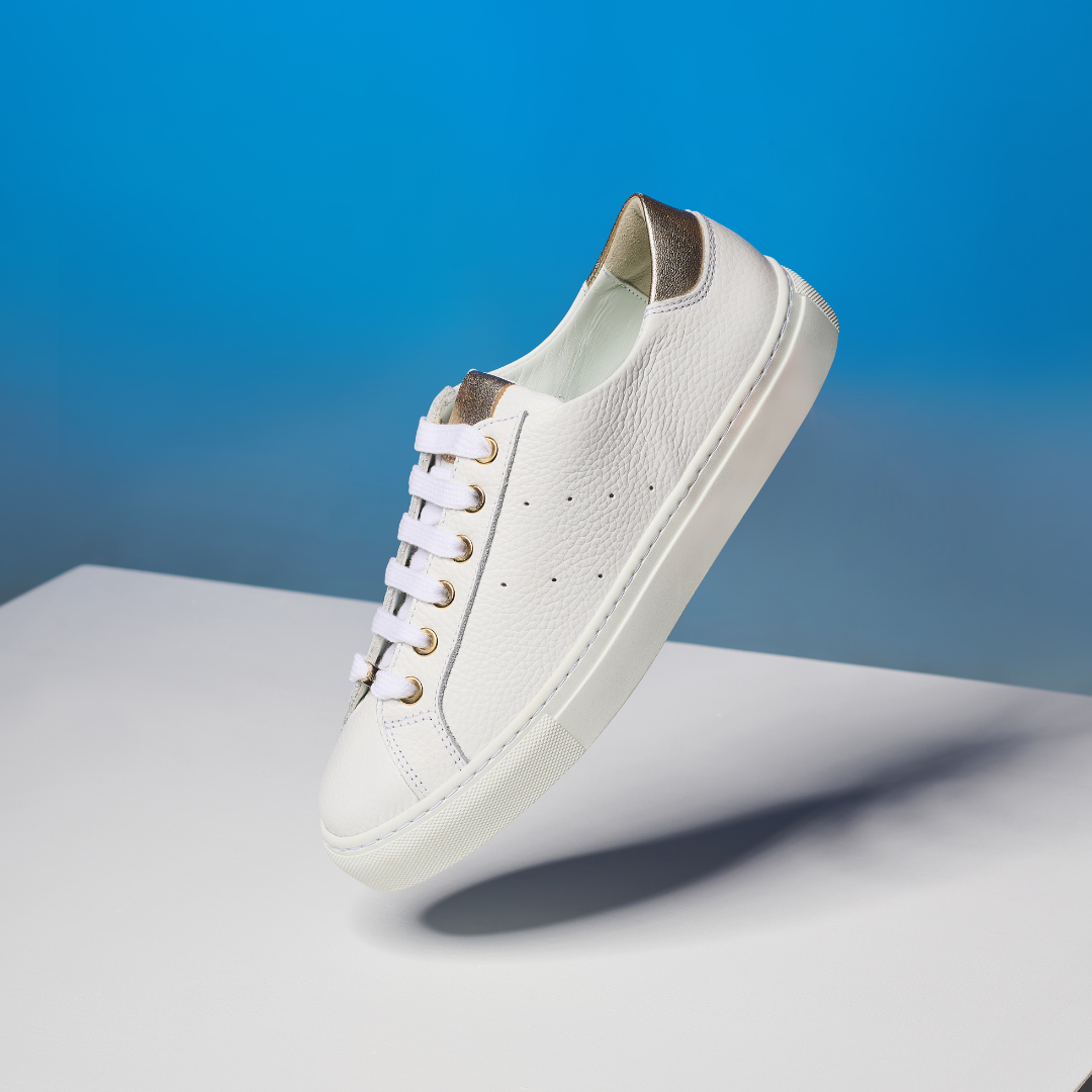 Star - Grain White Leather & Champagne Wide Fit Sneakers