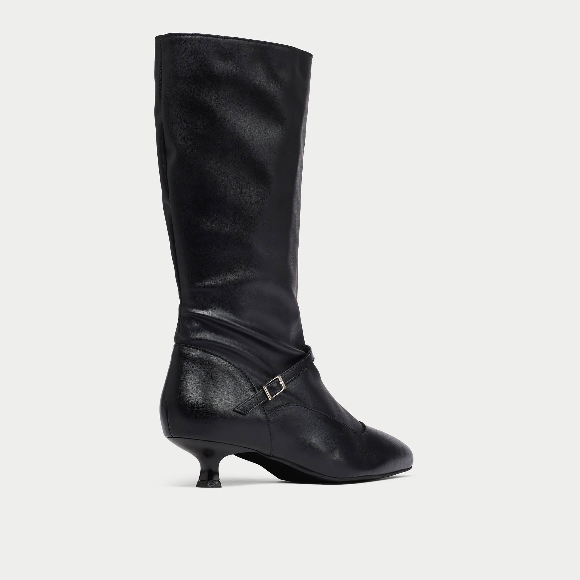 Black Veronica knee-high boot with a kitten heel on a light gray background