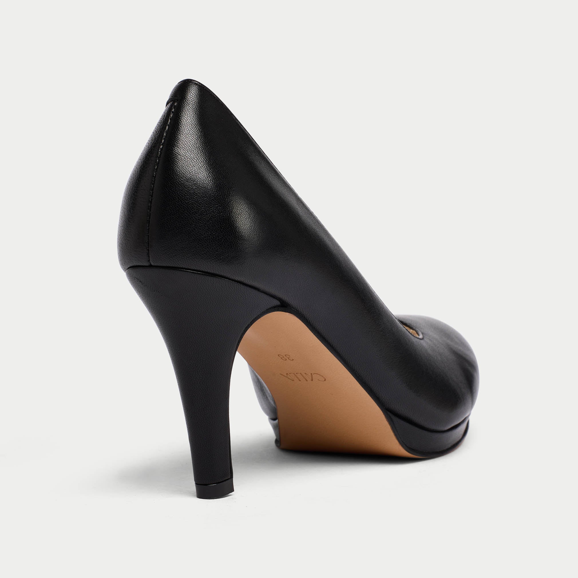 Sophia black leather heel close up