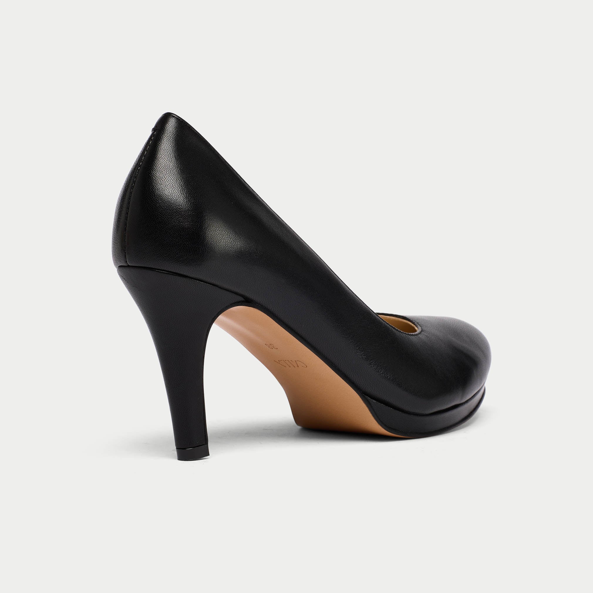Sophia black leather heel back/side view