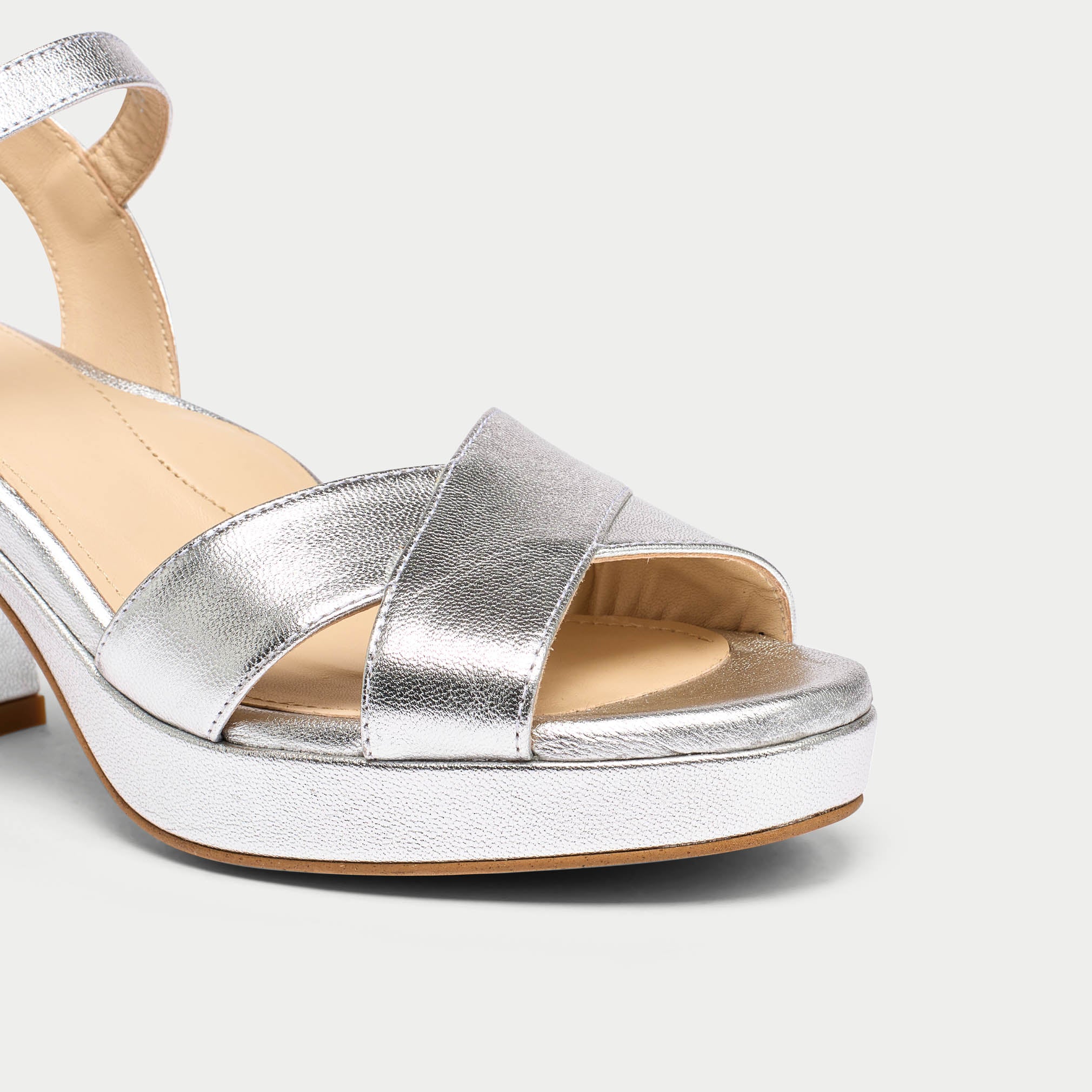 silver leather heels close up