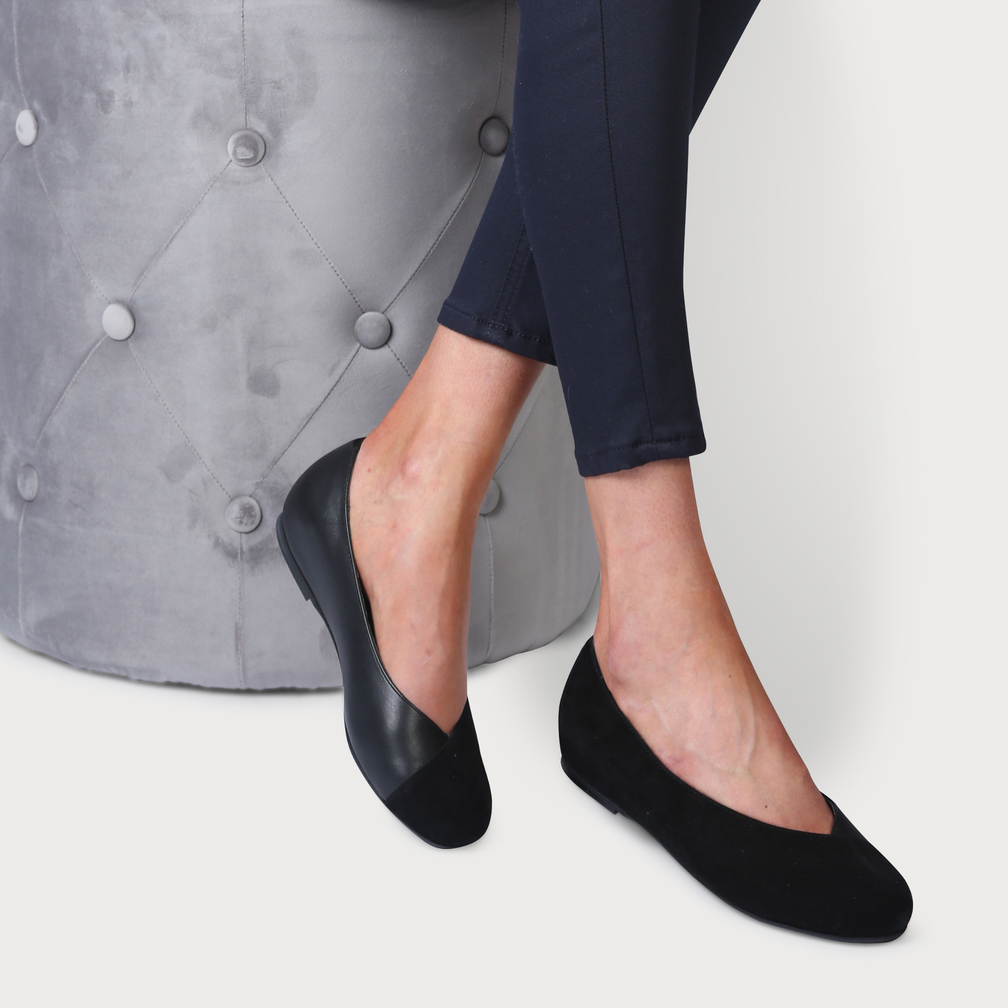 Charlotte Wide Fit - Black Leather & Suede Ballerinas