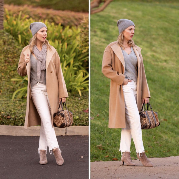 blogger in white jeans and a camel coat wears calla boots