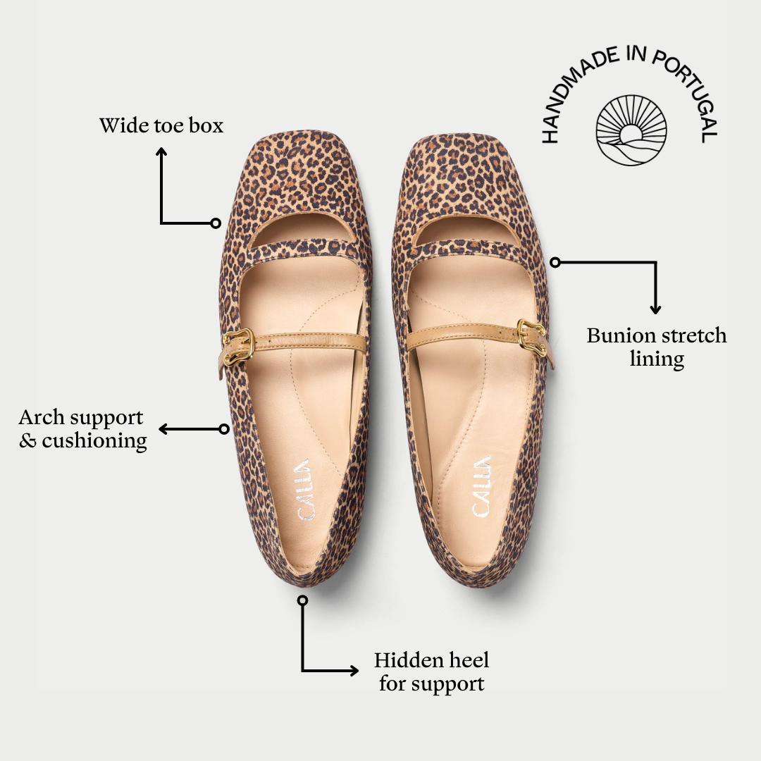 Pair of leopard print shoes with features highlighted on a white background