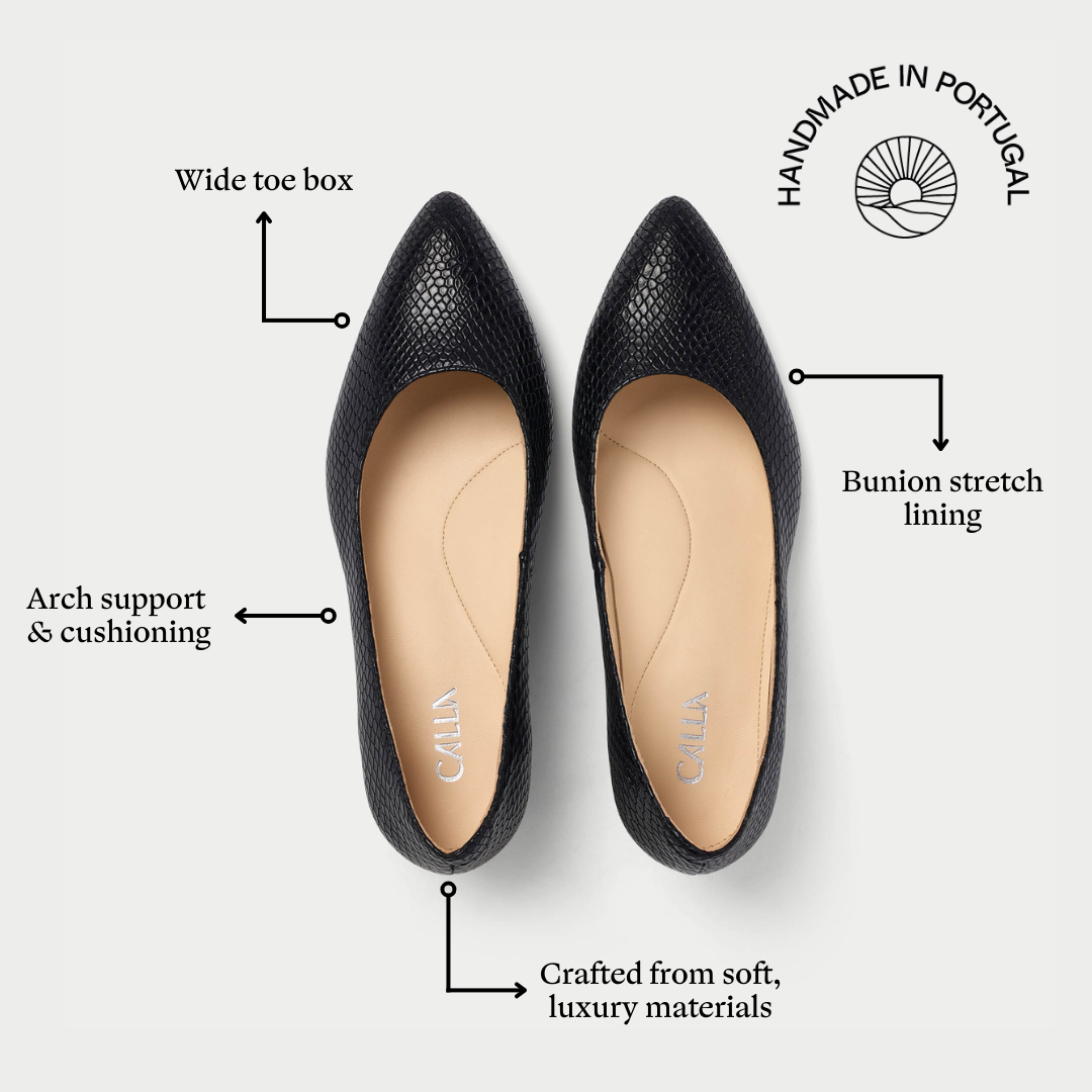 Black pointed-toe flats with features highlighted on a white background