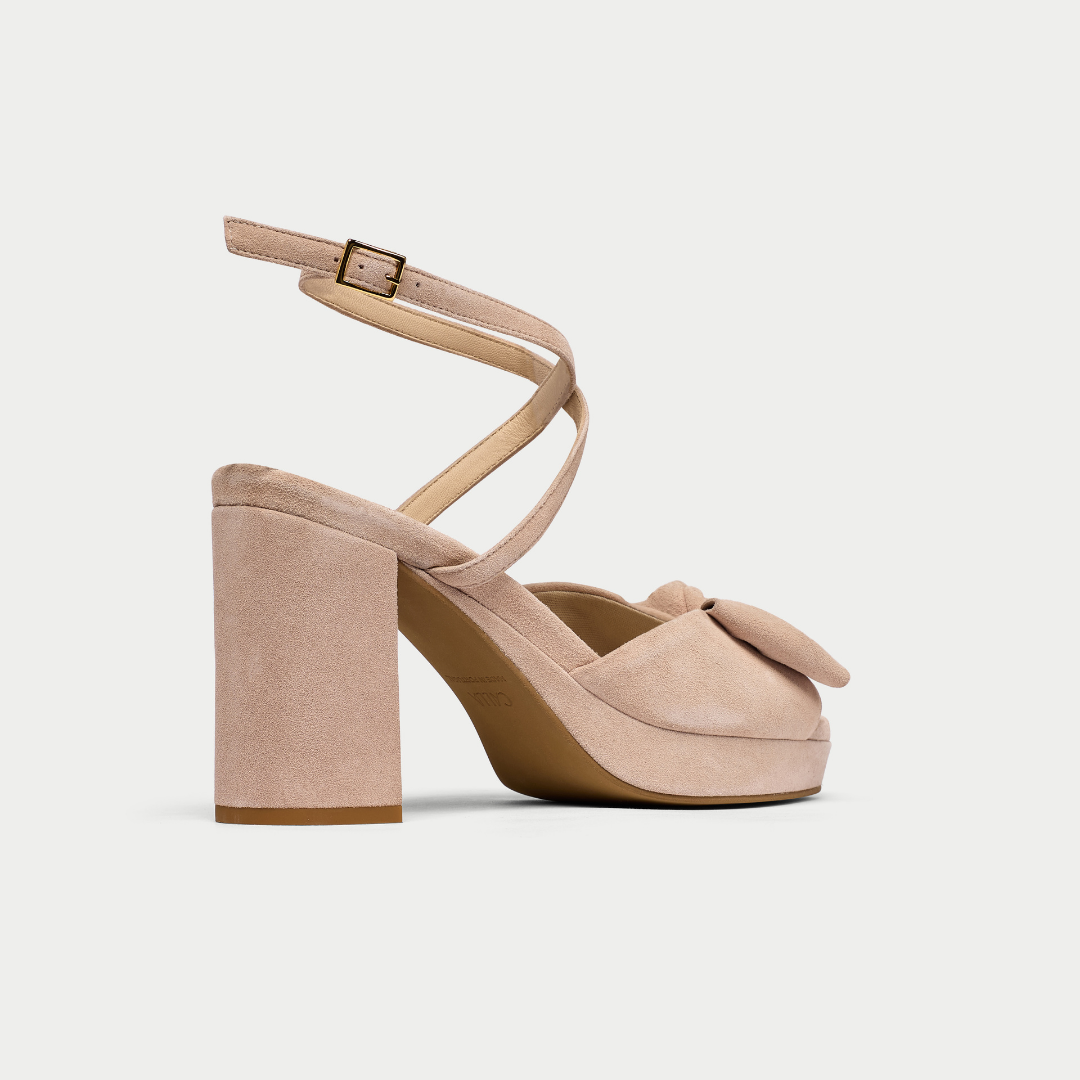 Daisy taupe suede block heel back/side view