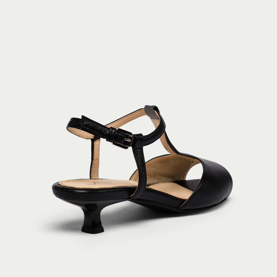 Edith black kitten heel sandal heel view