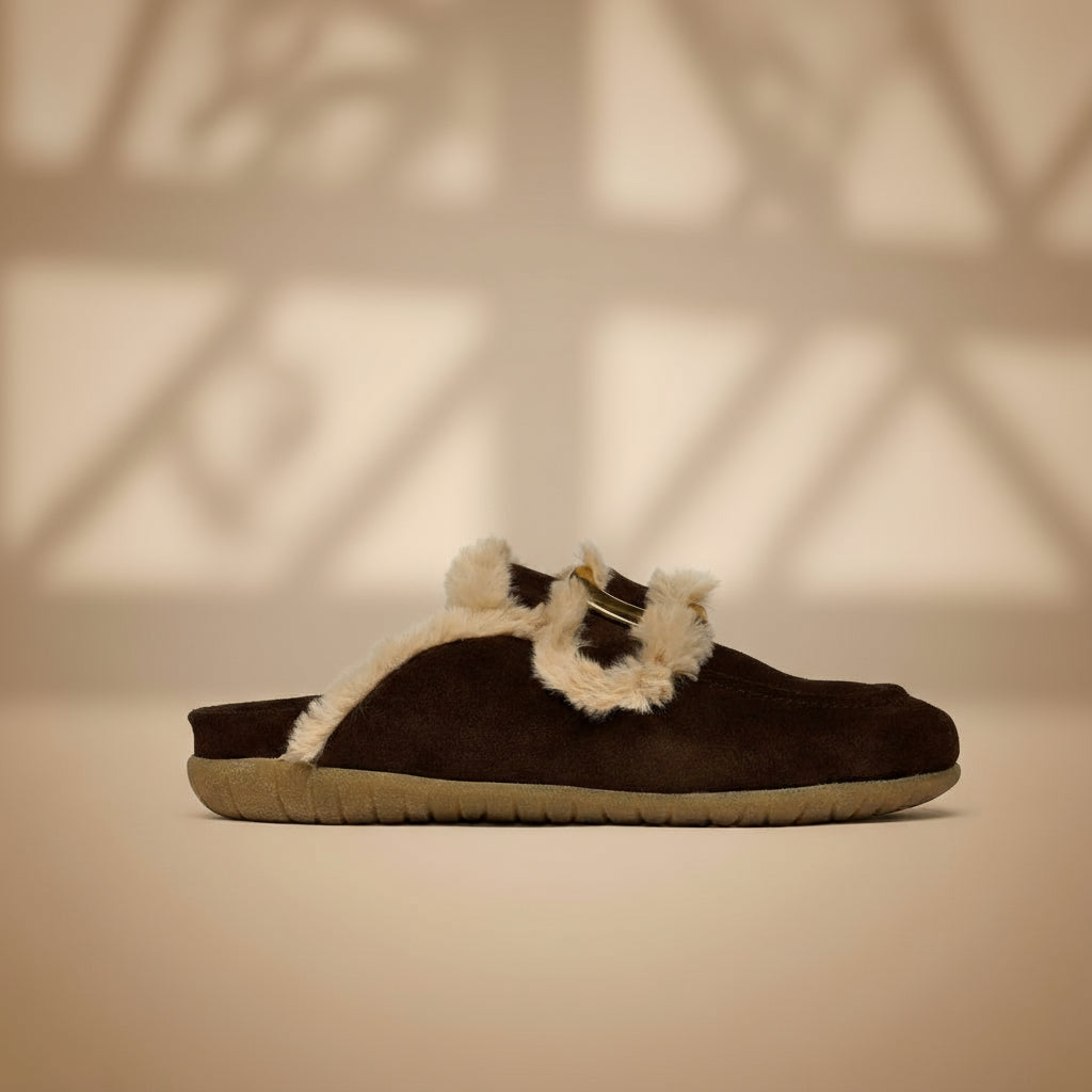 Brown slipper with beige fur trim on a white background