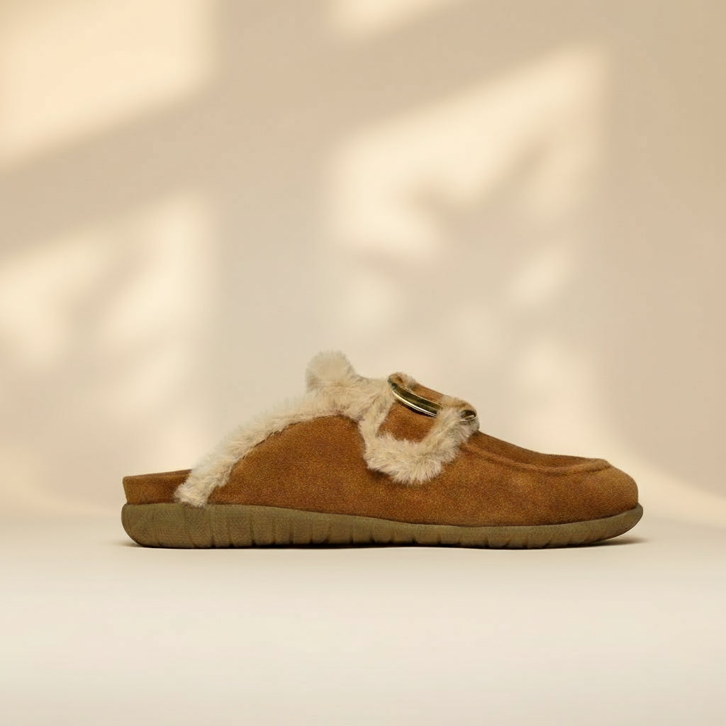 Brown slipper with fur trim on a white background