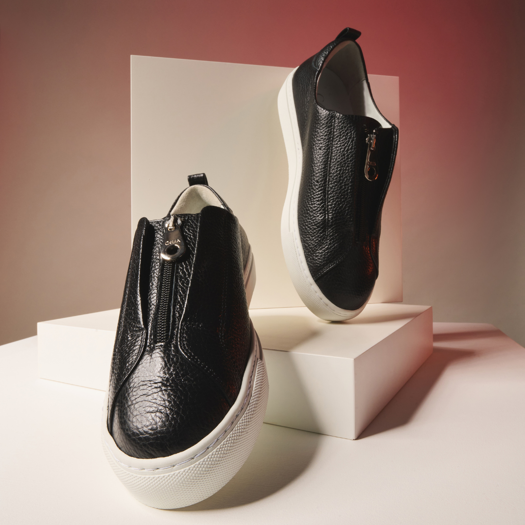 Estella - Black Leather Zip-Up Wide Fit Sneakers (image 8)