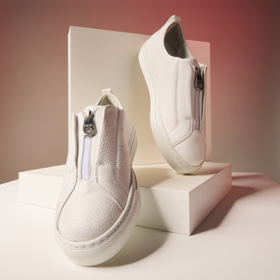 Estella - White Leather Zip-Up Wide Fit Sneakers (image 1)