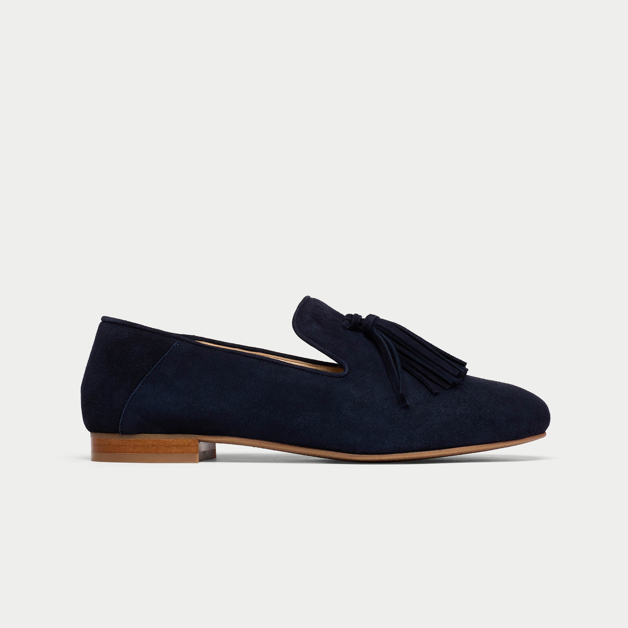 Freya deep navy suede loafers side  view