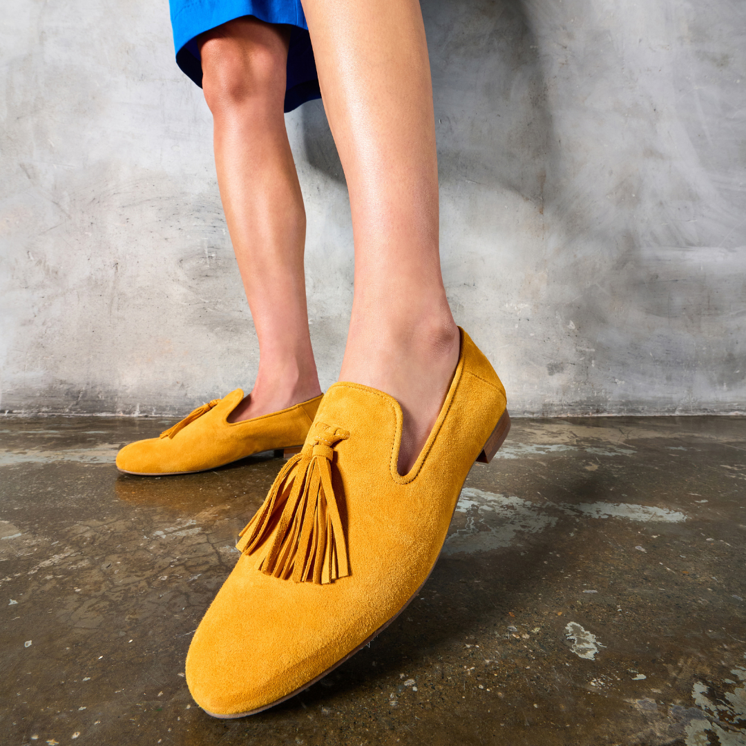 Freya mustard suede look on model