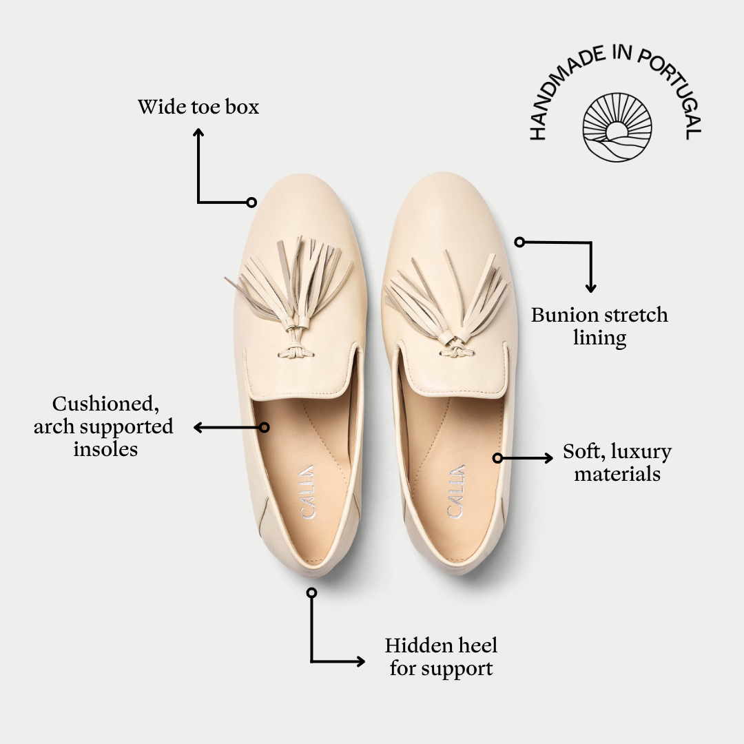 Beige loafers with features highlighted on a white background