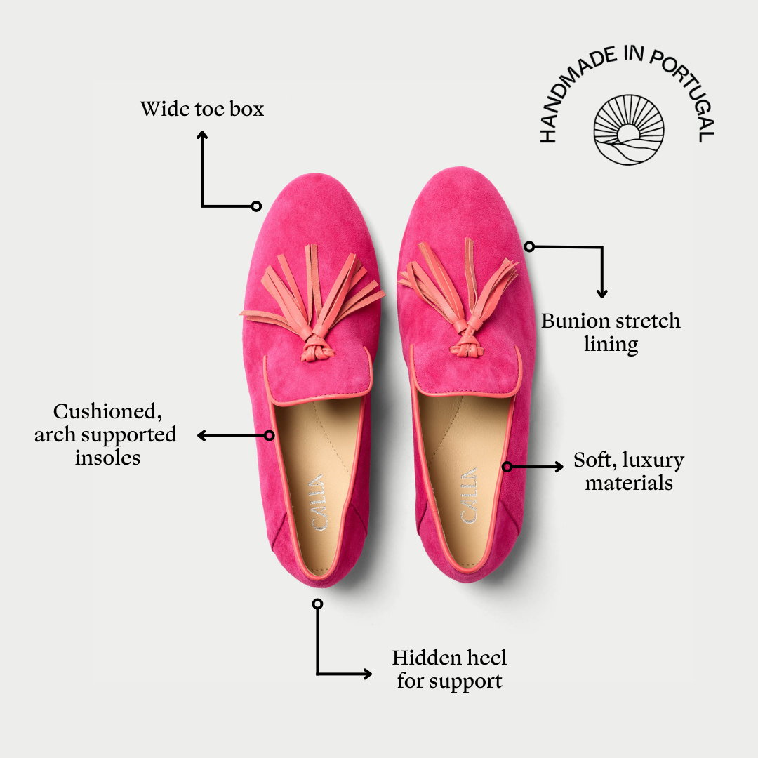 Pink loafers with features highlighted on a white background