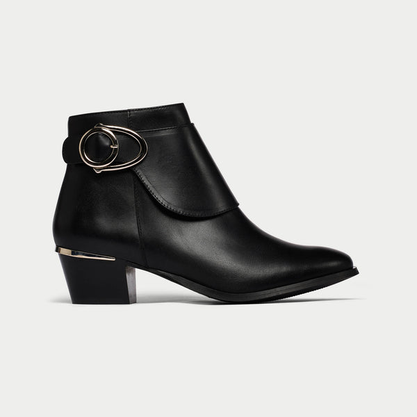 Calla | Imogen | Black leather wide fit heeled boots, suitable for bunions