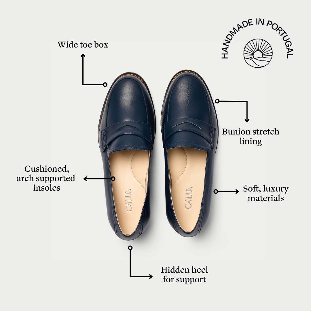 Navy loafers with features highlighted on a white background