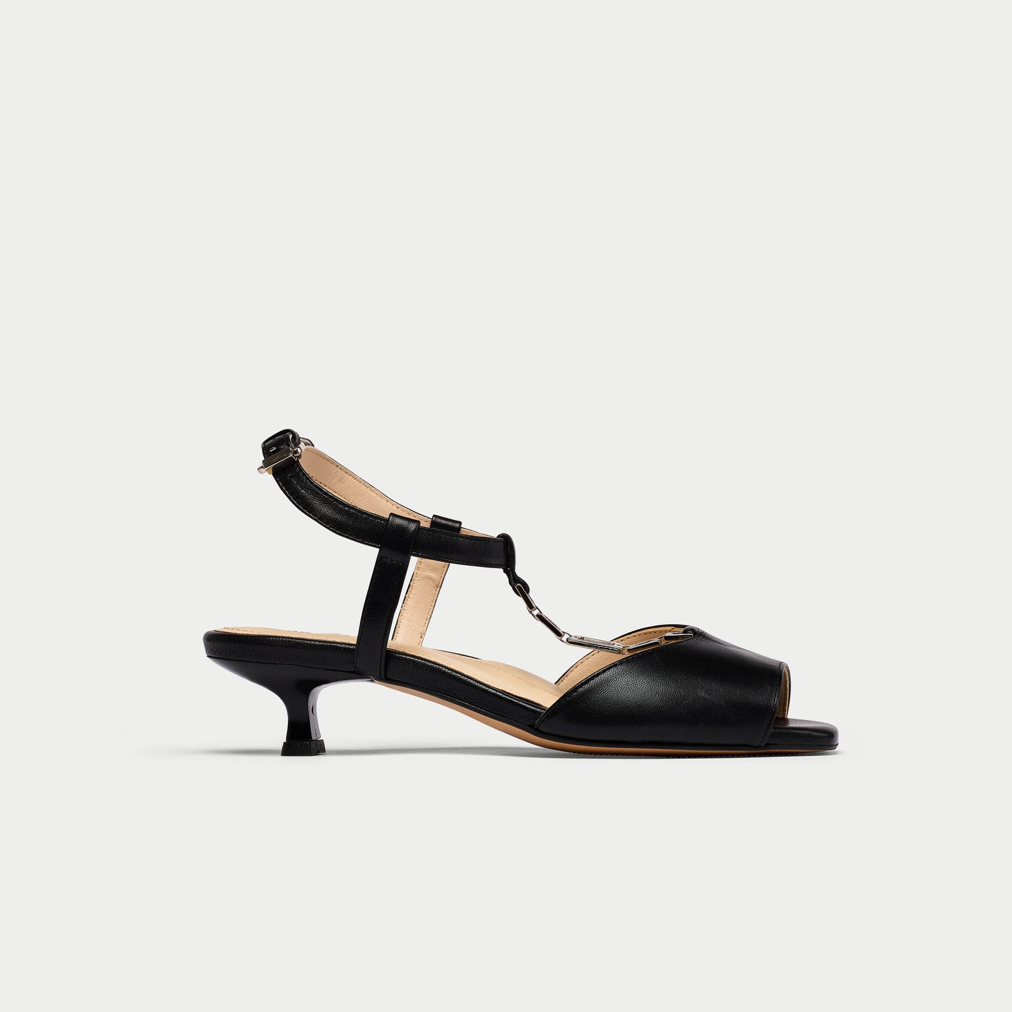 Naomi black leather sandal heel side view