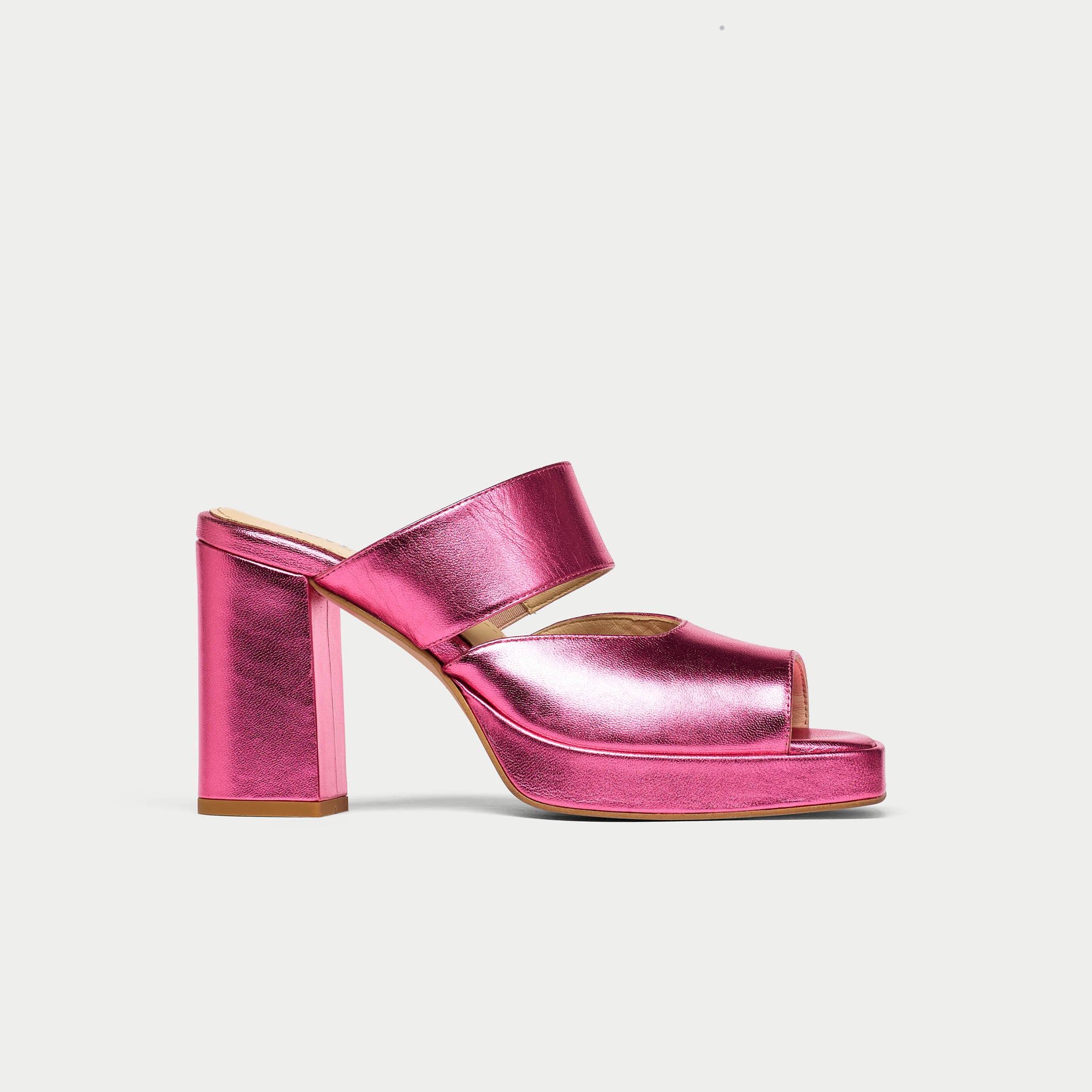 pink metallic heels from the side