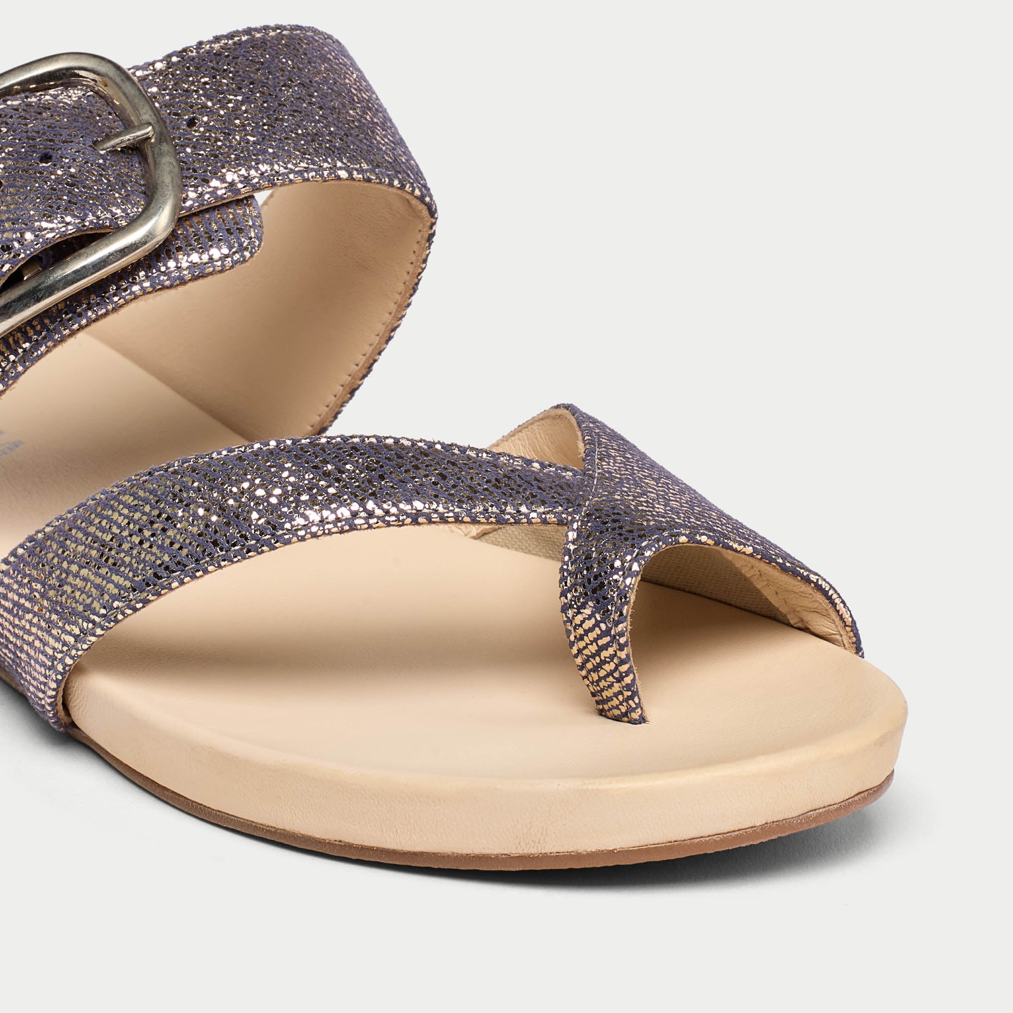 Ruby metallic denim sandal tip close up