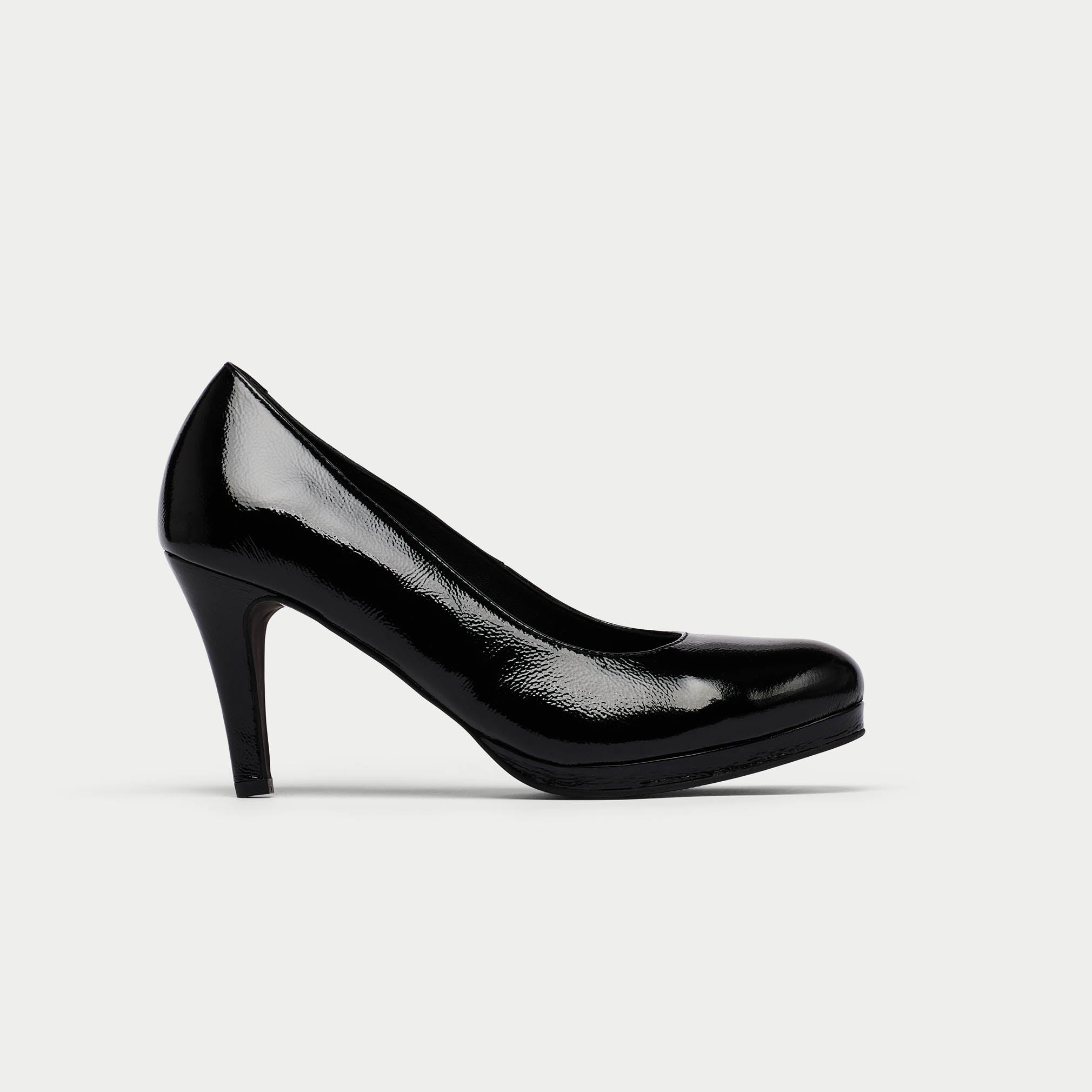 Sophia black shine leather heel side view