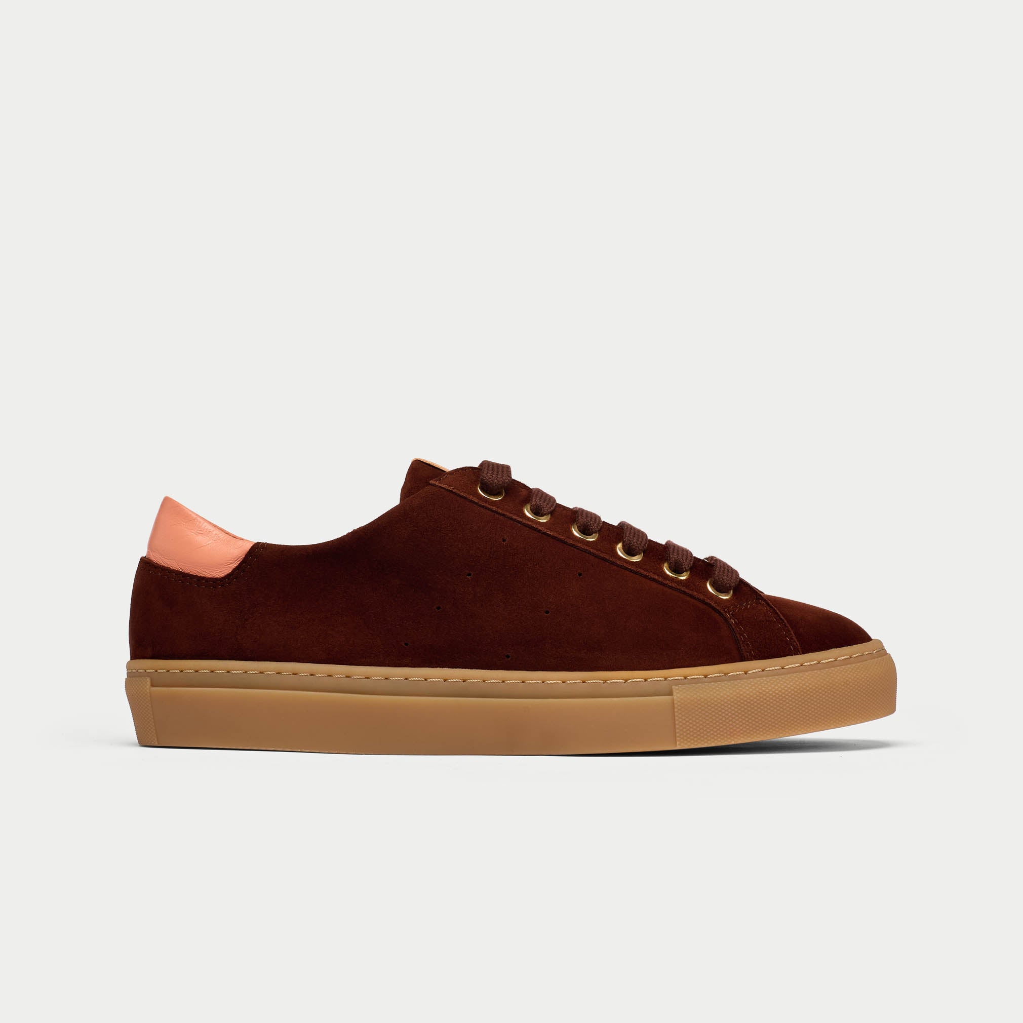 Star chocolate suede trainer side view