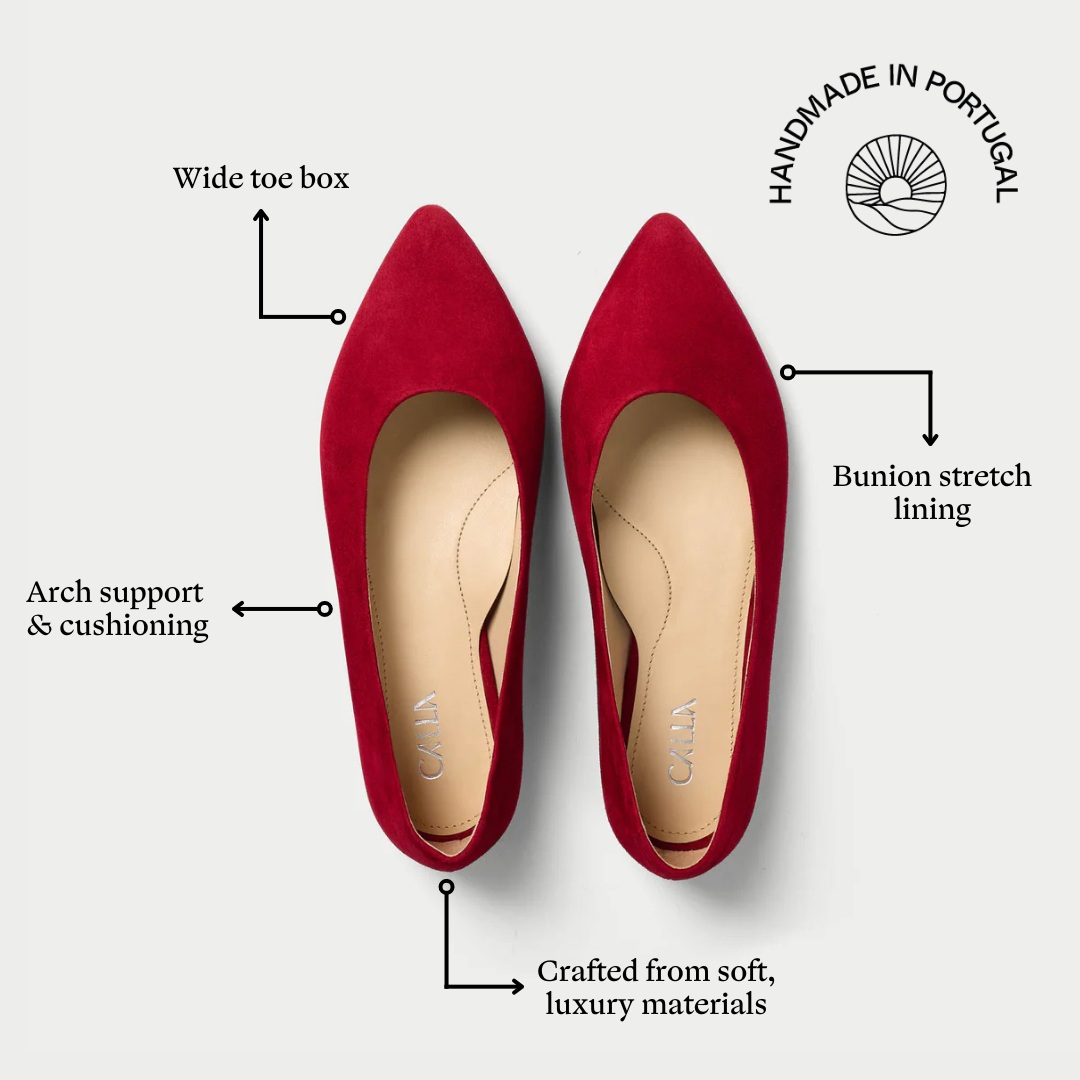 Agata deep red suede flats features