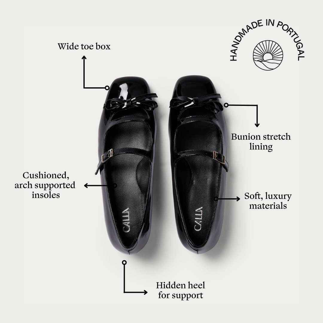 Alexa black patent flats features