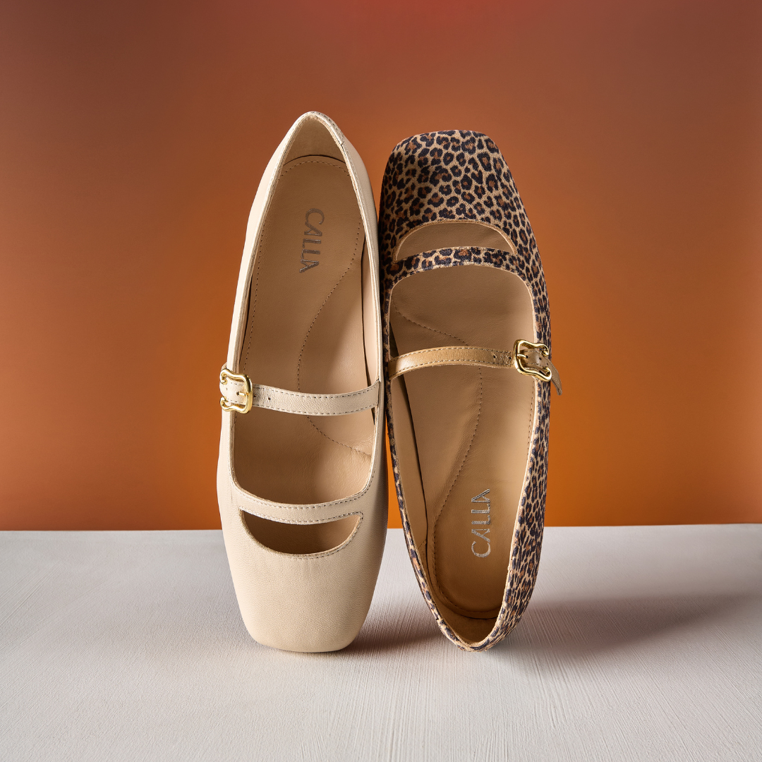 Pair of beige and leopard print shoes with 'Calia' branding on a gradient background