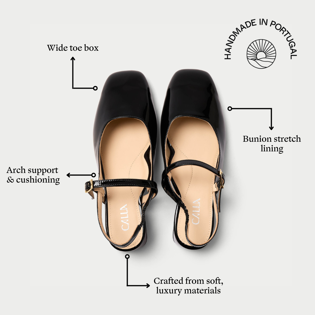 Black shoes with features highlighted on a white background