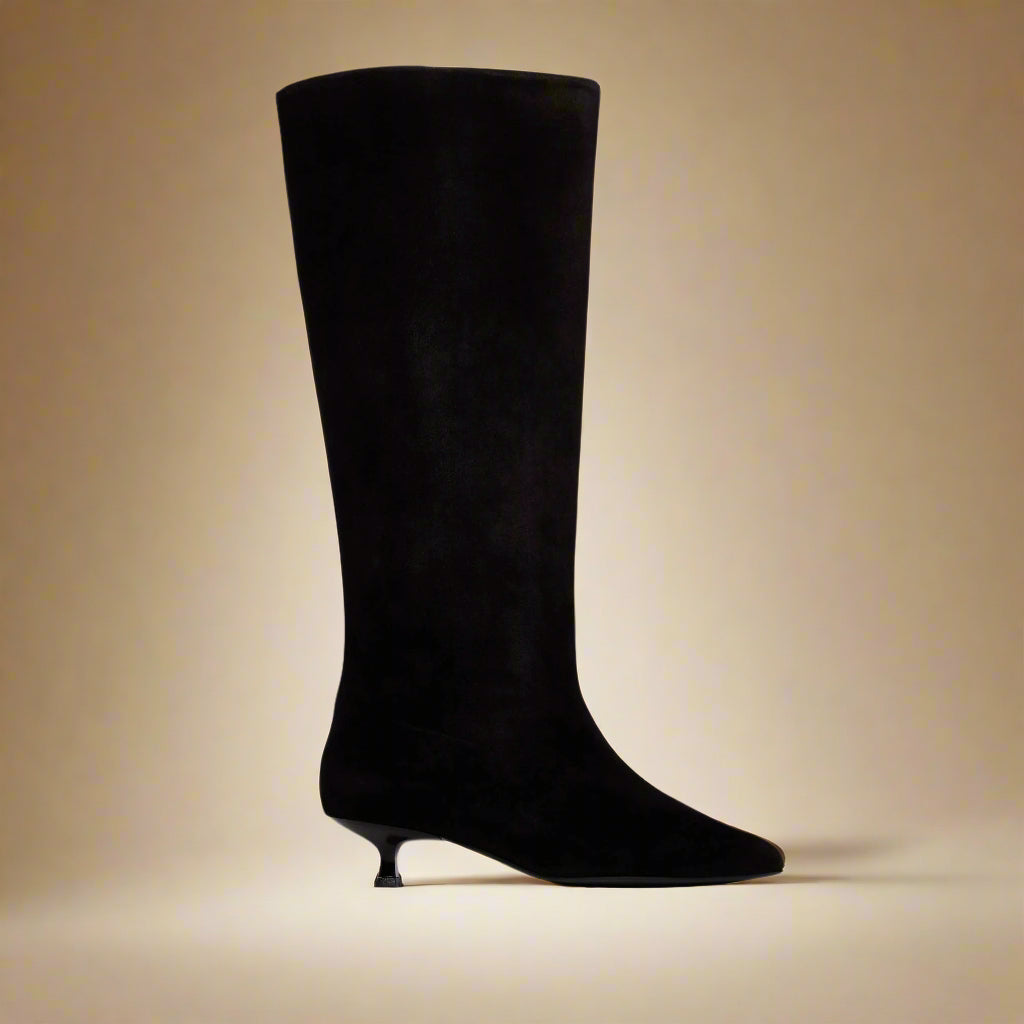 Black knee-high boot on a gold background