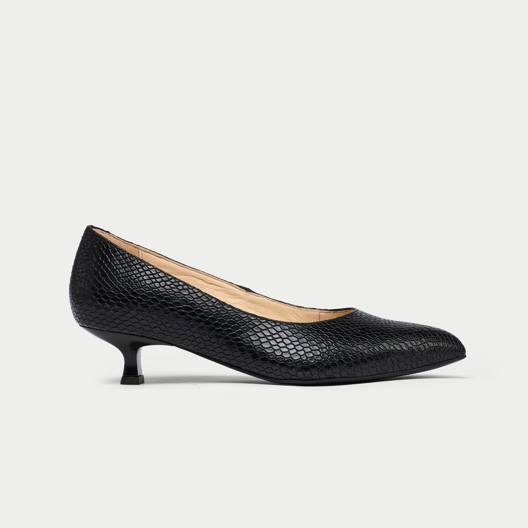 Black low-heeled shoe on a white background