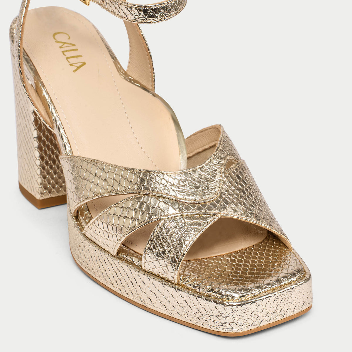 Heather - Champagne Scaled Metallic Leather Block Heels