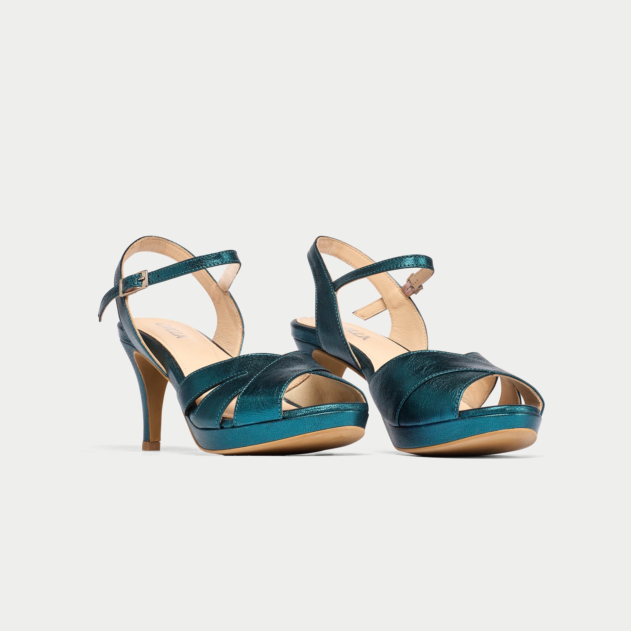 Emily - Teal Metallic Leather Heeled Sandals