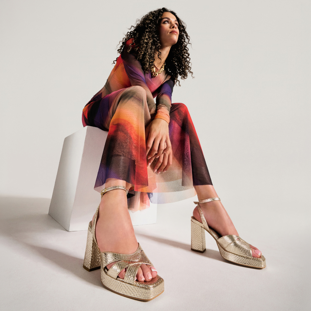 Heather - Champagne Scaled Metallic Leather Block Heels